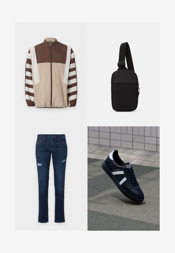 Pruun ja beež tuulekindel jakk valgete triipudega, kõrge kaelusega, lukuga kinnitamine, elastsete mansettidega ja logo vasakul rinnal.; Sinine lühikeste varrukatega t-särk, valmistatud puuvillast, ümarate kaelustega ja lõdva istuvusega. Sile tekstuur, minimalistlik disain, ilma mustrite või aktsentideta.; Tumedas sinises denimist teksad sirge lõikega, millel on reie juures kulunud augud, traditsioonilised taskud ja nähtavad vastandvärvi õmblused.; Must have musta sneaker musta valgete triipudega, tekstuurne kummitald ja nööridega esiosa. Omab bränditud märki keele peal.; Mustmust crossbody kott mustekangast, millel on üks reguleeritav rihm, lukuga põhiosas ja eesmine tasku.