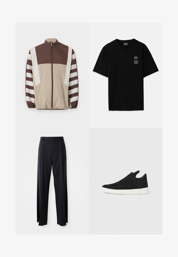 Casaco corta-vento castanho e bege com riscas brancas, gola alta, fecho deZIP, punhos elásticos e um logótipo no lado esquerdo do peito.; T-shirt de algodão preto com mangas curtas, decote redondo e uma pequena etiqueta com logótipo na parte da frente, apresentando símbolos de cuidado em branco.; Calças pretas de cintura alta, com corte amplo, feitas de um tecido suave. Apresentam pregas frontais e passadores para cinto. Design minimalista, sem hardware visível.; Sapatilha de camurça preta com sola de borracha branca, apresentando costuras tonais e um design com atacadores. Textura suave com uma forma moderna e simplificada.