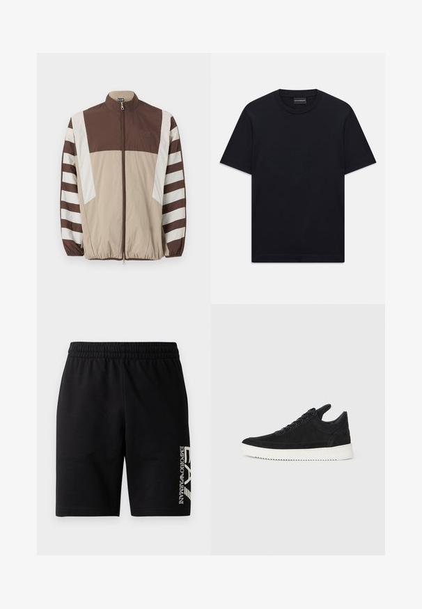 Smeđa i bež jakna protiv vjetra s bijelim prugama, visokim ovratnikom, patentnim zatvaračem, elastičnim manžetama i logotipom na lijevoj strani prsnog koša.; Crna majica kratkih rukava s okruglim izrezom, s blagim reljefnim logotipom smještenim u središtu prsnog dijela i oznakom branda unutar ovratnika.; EA7 Emporio Armani TRAIN VISIBILITY - Kratke hlače - black/cream; Crne nubuk tenisice s bijelim gumenim potplatom, s toniranim šavovima i dizajnom vezanja. Glatka tekstura s modernim, strujnim oblikom.