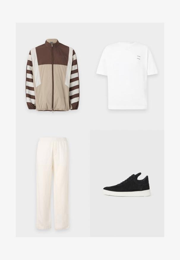 Smeđa i bež jakna protiv vjetra s bijelim prugama, visokim ovratnikom, patentnim zatvaračem, elastičnim manžetama i logotipom na lijevoj strani prsnog koša.; Bijela pamučna majica s opuštenim krojem, kratkim rukavima i V-izrezom. Ima dva mala crna loga otisnuta s lijeve strane.; Lagane hlače boje krem s elastičnim pojasom, ravnog kroja i suptilnom teksturom. Nemaju vidljive džepove.; Crne nubuk tenisice s bijelim gumenim potplatom, s toniranim šavovima i dizajnom vezanja. Glatka tekstura s modernim, strujnim oblikom.