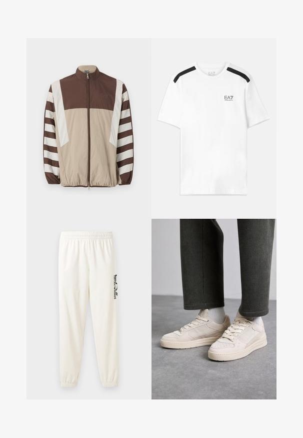 Casaco corta-vento castanho e bege com riscas brancas, gola alta, fecho deZIP, punhos elásticos e um logótipo no lado esquerdo do peito.; T-shirt branca de mangas curtas com riscas pretas de destaque nos ombros. Apresenta um pequeno logótipo preto no peito. Feita de um tecido suave e liso.; Calças de treino beje claro com cintura elástica e punhos elásticos. Apresenta um logo preto impresso na perna esquerda. Tecido com textura suave.; Sapatilhas bege feitas de camurça e malha, apresentando detalhes perfurados, atacadores planos e uma sola grossa. Usadas com calças de algodão corduroy verdes.