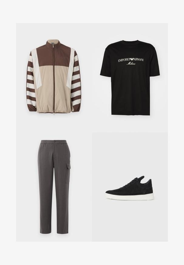 Pruun ja beež tuulekindel jakk valgete triipudega, kõrge kaelusega, lukuga kinnitamine, elastsete mansettidega ja logo vasakul rinnal.; Must must T-särk, millel on ümmargune kaelus, lühikesed варст и väljend "EMPORIO ARMANI" valgete tähtedega, mille all on kõveras kujunduses sõna "Milano".; Hallid hallid püksid, millel on mugav lõige, valmistatud siledast kangast. Varustatud nupukinnisega, küljetaskute ja säärel oleva kargo-taskuga.; Must mustel kingad valge kummist tallaga, millel on toon-toonis õmblused ja paeltega disain. Sile tekstuur ja moodne, voolujooneline kuju.