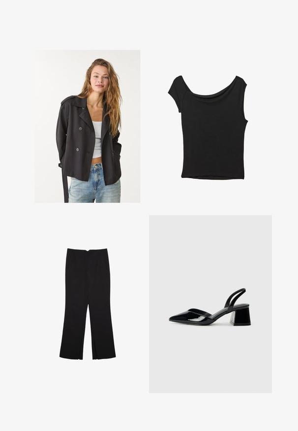 Schwarzer doppelt brechender Trenchcoat mit übergroßen Knöpfen, Schulterepauletten und einem Bindegürtel, kombiniert mit einem weißen Oberteil und hellblauen Jeans.; Schwarzes Kurzarmoberteil aus glattem Stoff; hat einen drapierten Ausschnitt und einen asymmetrischen Saum, mit einem figurbetonten Körper.; Schwarze Hose mit geradem Schnitt, ausgestattet mit Fronttaschen und Seitenschlitzen am Saum. Hergestellt aus weichem, glattem Stoff. Geeignet für verschiedene Anlässe.; Schwarze Lackleder-Slingback-High Heels mit spitzem Schuh und einem geometrischen Blockabsatz. Verfügt über ein schlankes, minimalistisches Design und eine glatte Textur.