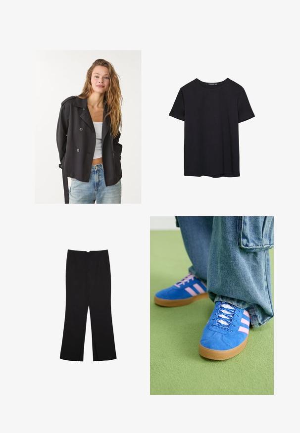 Trench-coat noir croisé avec des boutons surdimensionnés, épaulettes, et une ceinture à nouer, associé à un haut blanc et un jean bleu clair.; T-shirt en coton noir à manches courtes, col rond, présenté sur un fond blanc.; Pantalon noir avec une coupe droite, doté de poches avant et d'éclairs sur l'ourlet. Fabriqué en tissu doux et lisse. Convient à diverses occasions.; Des chaussures en daim bleu avec des rayures roses et des lacets blancs, dotées d'une semelle en caoutchouc gomme, assorties à un pantalon en denim ample sur une surface verte.