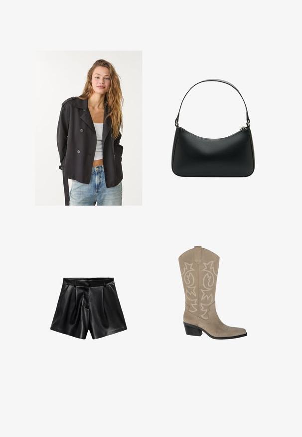 Musta kaksirivinen trench coat suurilla napituksilla, olkalapuilla ja solmimisvyöllä, yhdistettynä valkoiseen yläosaan ja vaaleansiniisiin farkkuihin.; Kaksi olkaimettomaa toppia: toinen on ruskean ja kermanvärisen abstraktin eläinkuosin, kun taas toinen on täysin musta. Molemmat ovat pehmeää kangasta.; Mustat nahkahousut, joissa on korkea vyötärö, etupuolelle taitteet ja sivutaskut. Sujuva rakenne kiiltävällä pinnalla.; PULL&BEAR Biker-/cowboysaappaat - taupe; Mustat nahkaolkalaukku, jossa on kaareva muoto, yksittäinen litteä hihna ja yläosan vetoketjukiinnitys. Tasainen pinta, jossa on minimaalinen metalliosien määrä.