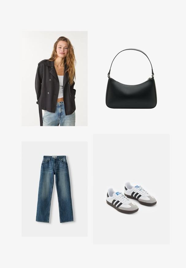 Črn dvoredni plašč s prevelikimi gumbi, ramenimi epauleti in pasom na zavezovanje, v kombinaciji z belim zgornjim delom in svetlo modrimi kavbojkami.; Dva topa brez naramnic: en ima rjav in kremast abstrakten živalski vzorec, medtem ko je drugi popolnoma črn. Oba sta izdelana iz mehkega blaga.; Modre kavbojke z ravnim krojem, gumbom za zapiranje, petimi žepi in zbledelimi območji. Material deluje trpežno z teksturirano površino.; Športni čevlji z belim usnjenim zgornjim delom, sivim semišem na prstih in tremi črnimi črtami. Imajo modro logo na jeziku in teksturiran gumijast podplat.; Črna usnjena torba za ramo s ukrivljeno obliko, enojnim ravnim trakom in zgornjim zadrgo. Gladka tekstura z minimalnimi podrobnostmi snemalnikov.