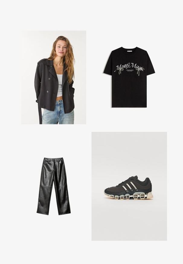 Trench-coat noir croisé avec des boutons surdimensionnés, épaulettes, et une ceinture à nouer, associé à un haut blanc et un jean bleu clair.; T-shirt en coton noir avec le texte "Mostly Magic" en blanc, orné d'accents décoratifs en perles. Manches courtes, coupe décontractée, col rond.; Pantalons larges en cuir noir avec une texture lisse, conception à cinq poches et détails cousus le long des jambes et de la taille.; Chaussure de sport noire avec un dessus texturé, trois bandes argentées et une semelle amortissante distinctive comportant plusieurs sections intégrées.