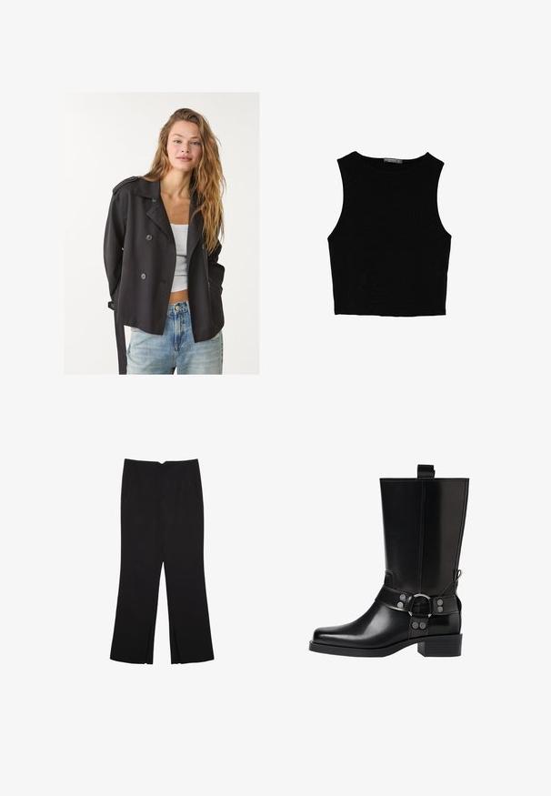 Schwarzer doppelt brechender Trenchcoat mit übergroßen Knöpfen, Schulterepauletten und einem Bindegürtel, kombiniert mit einem weißen Oberteil und hellblauen Jeans.; Schwarzes ärmelloses Crop-Top aus glattem Stoff, mit rundem Ausschnitt und einem klaren, schlichten Design ohne Muster oder Beschläge.; Schwarze Hose mit geradem Schnitt, ausgestattet mit Fronttaschen und Seitenschlitzen am Saum. Hergestellt aus weichem, glattem Stoff. Geeignet für verschiedene Anlässe.; Schwarze Lederstiefel bis zum Knie mit spitzer Zehenform, silbernen Schnallenakzenten und einem klobigen Absatz. Verfügt über eine Zuglasche für einfaches Anziehen.