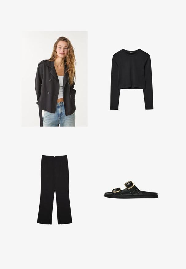 Sort dobbeltknappet trenchcoat med overdimensionerede knapper, skulderklapper og bælte, parret med en hvid top og lyseblå jeans.; Sort langærmet cropped top med rund halsudskæring, ensfarvet design og let buet kant.; Sorte bukser med lige pasform, der har frontlommer og slidser i kanten. Lavet af blødt, glat stof. Velegnet til forskellige anledninger.; Sort skridsandal med to guldspænder, glat tekstureret materiale, flad sål og et minimalistisk design.