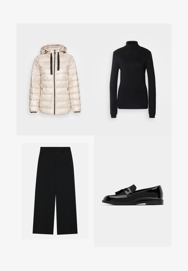 Esprit JACKETS OUTDOOR - Casaco leve - cream beige; Suéter de gola alta preto feito de um tecido de malha suave, com mangas longas e uma silhueta ajustada, apresentando um colarinho e bainha canelados.; Calças pretas de perna larga feitas de um tecido suave. Apresentam uma cintura plana com passantes para cinto e sem bolsos visíveis. Design simples.; Mocassins pretos em couro verniz com salto baixo, apresentando um detalhe em franja e superfície lisa, desenhados com um bico arredondado e costura subtil.