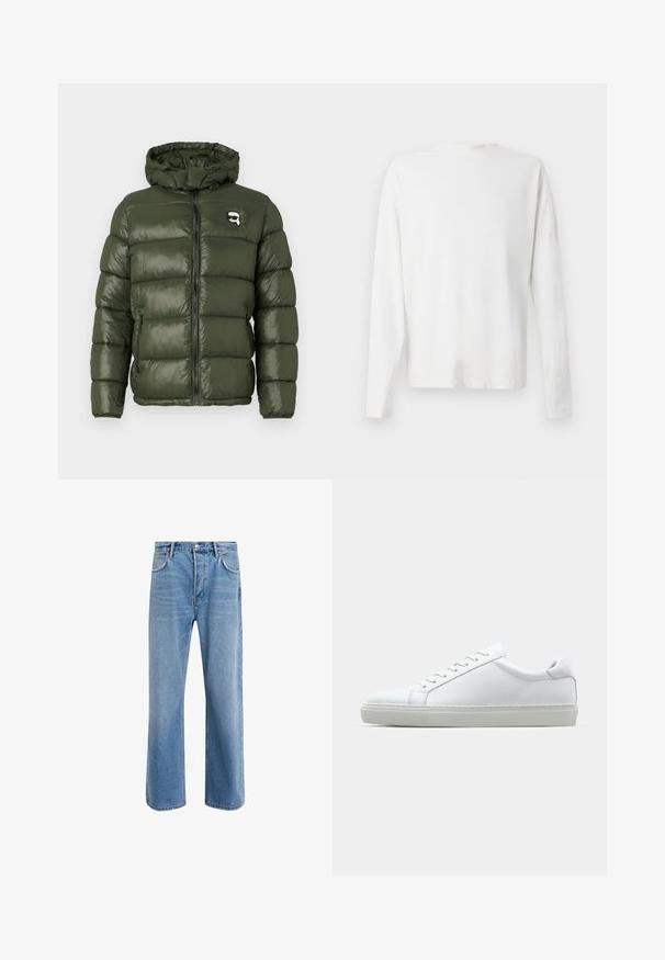 Oliven grønn polstret jakke med hette, frontlås, glidelåslommer på sidene, og liten karakterlogo med solbriller på brystet.; Langermet hvit bomullsskjorte med rund hals, sidespalter nederst og en jevn tekstur, vist fra baksiden.; Lys blå denimjeans med rett ben-design, fem lommer, knappeåpning, minimal falming og kontrasterende sømdetaljer.; Hvit sneakers med en glatt skinnoverdel og lav profil. Har en rund tå, seks snøring hull, og en teksturert gummisåle.