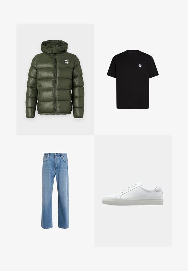 Olívazöld párnázott dzseki kapucnival, elülső cipzárral, cipzáras oldalsó zsebekkel és napszemüveges kis karakterlogóval a mellen.; Fekete pamut póló rövid ujjú, kerek nyakkivágással és egy kis fehér szív grafikával a bal mellkas részen.; Világoskék farmernadrág, egyenes szárú fazonnal, öt zsebbel, gombos záródással, minimális kopással és kontrasztos varrással.; Fehér sportcipő sima bőr felső résszel és alacsony profilsal. Kerek orr, hat fűzőlyuk és barázdált gumitalp jellemzi.