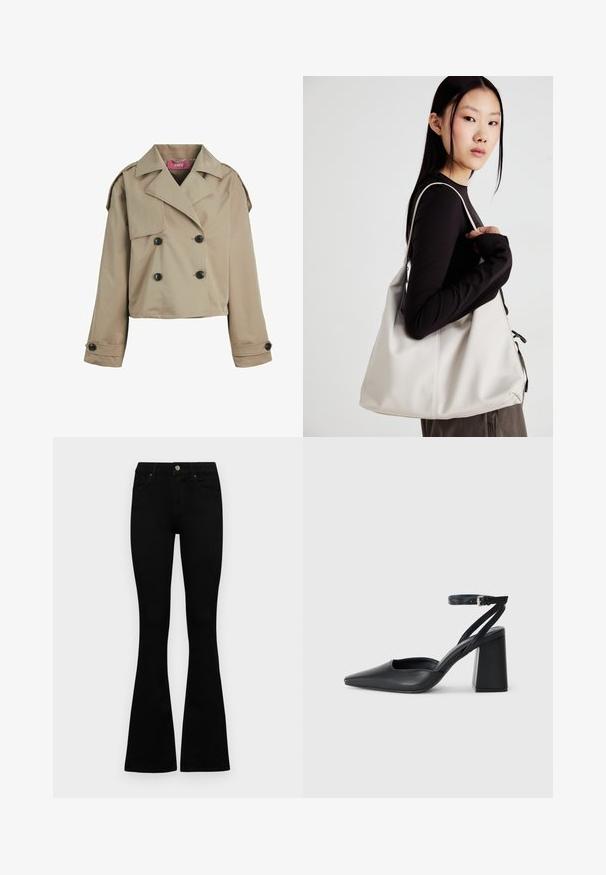 Manteau beige coupé avec un design à double boutonnage, grands revers, boutons noirs et épaulettes. Texture douce et lisse.; Ensemble de deux hauts à manches longues en blanc et noir. Texture côtelée, col rond, design ajusté avec des manches légèrement évasées.; Jean noir taille haute avec fermeture à bouton et à zip, poches avant et jambes évasées, posés à plat sur un fond blanc.; Escarpin noir en cuir à bout pointu avec une bride de cheville et un talon épais. Texture lisse, design élégant et esthétique minimaliste.; Sac à main beige en matériau souple, avec un design décontracté, des détails cousus et deux poignées. Idéal pour un usage quotidien.