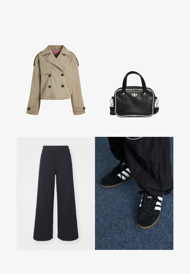 Cappotto beige tagliato con design doppiopetto, ampi revers, bottoni neri e spalline. Tessuto morbido e liscio.; T-shirt nero a maniche lunghe realizzato in morbido cotone. Presenta un collo rotondo, una vestibilità rilassata e un design minimalista senza motivi o decorazioni.; Pantaloni felpati neri a gamba larga realizzati in tessuto morbido, con un elastico in vita e un piccolo logo sul lato sinistro.; Scarpe da ginnastica nere in suede con tre strisce bianche e lacci neri. Un pantalone nero a trama è parzialmente visibile accanto alle scarpe.; Borsa a mano in pelle nera con due manici corti, hardware argentato, dettagli bianchi e un logo bianco. Presenta una superficie strutturata e un design compatto.
