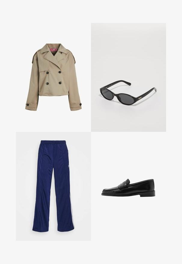 Cropped beige trench coat with a double-breasted design, large lapels, black buttons, and shoulder epaulettes. Soft, smooth texture.; Long-sleeve white T-shirt made of cotton, featuring a crew neck and simple design, with an even texture and no visible patterns or accents.; Navy athletic pants with an elastic waistband, straight legs, and side zippers. Features white piping along the sides. Smooth fabric texture.; Black leather loafer with a curved silhouette, decorative strap, textured stitching, and a flat rubber sole. Smooth finish and sleek design.; Black sunglasses with rounded lenses, glossy plastic frame, and "QUAY" logo in gold on the side. Features dark tinted lenses.