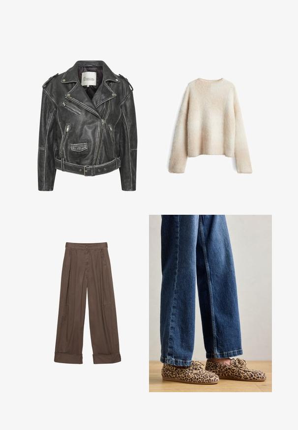 Zwarte leren motorjack met meerdere ritsen, een ceintuur in de taille, schouderepauletten en een satijnen voering.; Lichtbeige fuzzy sweater met een ronde halslijn, lange mouwen en een relaxte pasvorm. Zachte textuur met een gradient patroon.; Bruine wijde broek van katoen, met een knoopsluiting, geplooide voorkant en opgerolde manchetten voor een relaxte pasvorm.; Luipaardprint loafers van suede, met een ronde neus, vetersluiting en platte, flexibele zolen, gecombineerd met blauwe jeans.