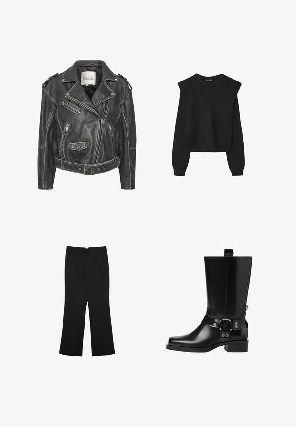 Schwarze Leder-Motorradjacke mit mehreren Reißverschlüssen, einem taillierten Gürtel, Schulterepauletten und einem satinierten Innenfutter.; Schwarzer, langärmeliger, gestrickter Pullover mit gepolsterten Schultern sowie gerippten Bündchen und Saum, dargestellt vor einem weißen Hintergrund.; Schwarze Hose mit geradem Schnitt, ausgestattet mit Fronttaschen und Seitenschlitzen am Saum. Hergestellt aus weichem, glattem Stoff. Geeignet für verschiedene Anlässe.; Schwarze Lederstiefel bis zum Knie mit spitzer Zehenform, silbernen Schnallenakzenten und einem klobigen Absatz. Verfügt über eine Zuglasche für einfaches Anziehen.