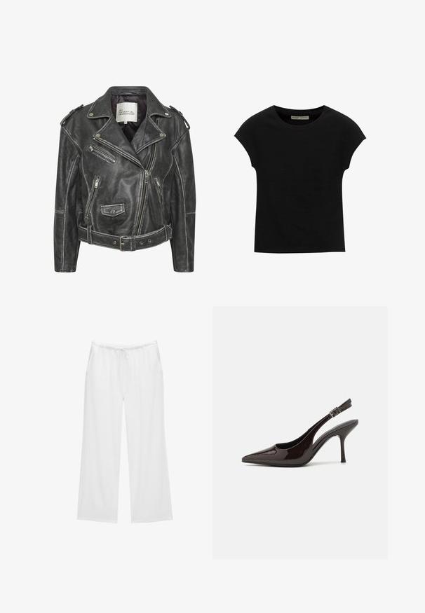 Czarna skórzana kurtka motocyklowa z wieloma zamkami błyskawicznymi, paskiem w talii, naramiennikami oraz satynową podszewką.; Czarna koszulka z krótkim rękawem i okrągłym dekoltem. Wykonana z gładkiej, elastycznej bawełny. Prosty design bez wzorów i grafik.; Białe szerokie spodnie z miękkiego materiału, z elastycznym pasem i sznurkiem do regulacji oraz dwiema bocznymi kieszeniami. Prosty i schludny design.; Sandały na obcasie typu slingback z błyszczącej ciemno-brązowej lakierowanej skóry, w szpic, z otwartymi bokami i regulowanym paskiem wokół kostki.