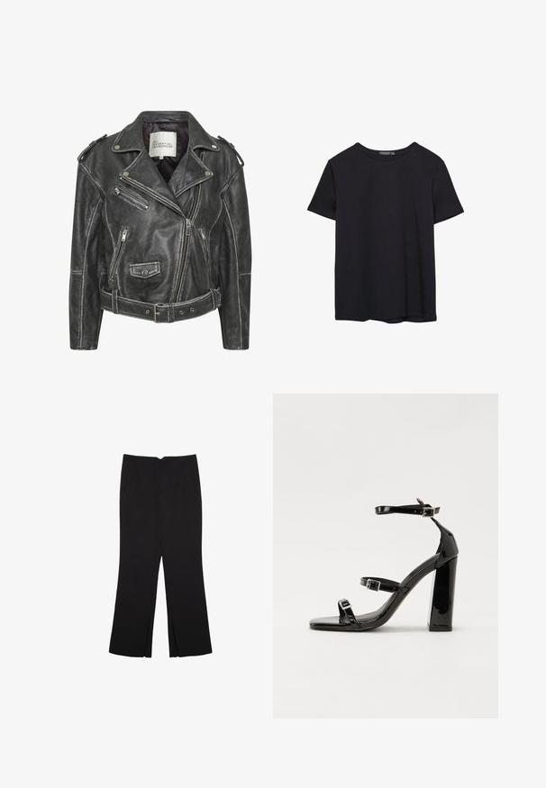 Musta nahkainen moottoripyörätakki, jossa on useita vetoketjuja, vyöllinen vyötärö, olkapäät ja satiinivuori.; Yksinkertainen lyhythihainen musta puuvillapaidan t-paita, jossa on pyöreä kaula-aukko, esitetty valkoisella taustalla.; Mustat housut suoralinjaisella leikkauksella, joissa on etutaskut ja sivurei'ät helman alla. Valmistettu pehmeästä ja sileästä kankaasta. Sopii eri tilaisuuksiin.; Musta kiiltävä korkokenkä sandaalit neliönmuotoisella varpaalla, nilkkaremmillä ja hopeisilla soljilla. Varustettu tukevalla lohkokorkealla vakauden takaamiseksi.