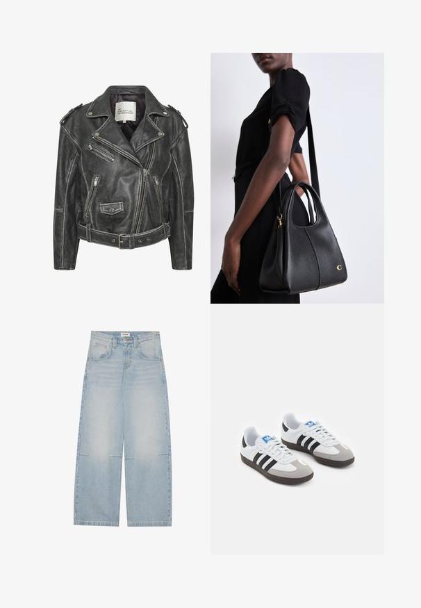 Črna usnjena motoristična jakna z več zadrgami, pasom, epoleti na ramenih in satensko obloženim notranjim delom.; Dva brezrokavnika v olivno zeleni in črni barvi. Narejena iz gladkega materiala z okroglo ovratnikom in visoko izrezom na nogah.; Svijetloplave široke traperice s visokim strukom, pet džepova i suptilnim izbleđivanjem; sadrži kontrastne šavove i dugme za zatvaranje.; Športni čevlji z belim usnjenim zgornjim delom, sivim semišem na prstih in tremi črnimi črtami. Imajo modro logo na jeziku in teksturiran gumijast podplat.; Črna usnjena torbica v obliki hobo, z gladko teksturo, zaobljenim vrhom in zlatimi okrasnimi dodatki.