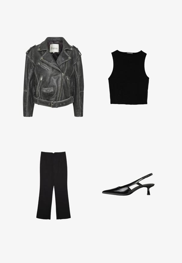 Čierna kožená motorkárska bunda s viacerými zipsami, opaskom v páse, ramennými epauletmi a saténovo podšívaným interiérom.; Čierny bezrukávový crop top vyrobený z hladkej tkaniny, so zaobleným výstrihom a čistým, jednoduchým dizajnom bez vzorov alebo kovania.; Čierne nohavice so strihom rovného strihu, s prednými vreckami a bočnými rozparkami na leme. Vyrobené z mäkkej, hladkej tkaniny. Vhodné na rôzne príležitosti.; Čierne lakované kožené lodičky na podpätku s špicatou špičkou, výrezovým dizajnom na boku a malým štvorcovým podpätkom. Hladký povrch s minimálnymi akcentmi.
