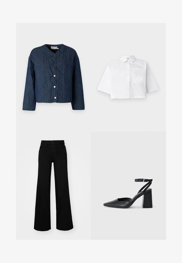 Donkerblauwe gesteppte jas met een ronde halslijn, lange mouwen en drukknoopsluiting aan de voorkant. Gemaakt van denim met een gestructureerd patroon.; Witte cropped shirt van katoen, met een knoopsluiting aan de voorkant, een klassieke kraag, en een enkele borstzak met korte mouwen.; Zwarte wijdvallende broek van denim, met een gestructureerde tailleband, riemlussen en voorzakken. Glad van textuur met een klassiek ontwerp.; Zwarte leren puntige pump met een enkelbandje en een chunky hak. Vlakke textuur, strakke vormgeving en minimalistische esthetiek.