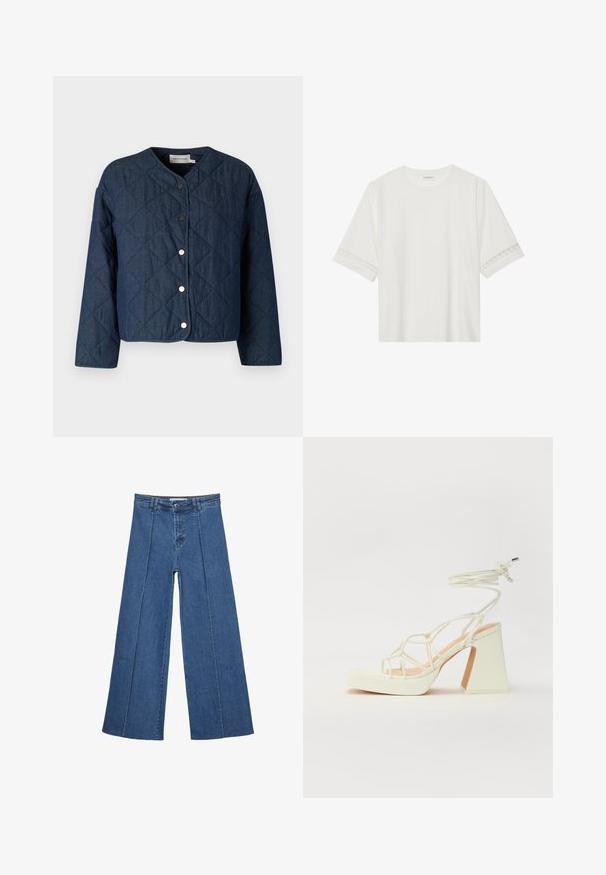 Dark blue quilted jacket with a round neckline, long sleeves, and snap buttons along the front. Made of denim fabric with a textured pattern.; White short-sleeve t-shirt made from cotton, featuring decorative lace trim along the sleeves and a round neckline.; Wide-leg denim jeans in medium blue, featuring a high waist, button closure, and contrasting vertical seam details along the front.; White high-heeled sandal with a chunky heel, featuring a strappy design and ankle tie. Smooth texture with a platform front for added height.