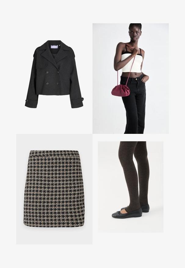 Sacou scurt, cu două rânduri de nasturi, din țesătură în carouri întunecate. Prezintă revere proeminente, buzunare frontale cu clapă și nasturi mari negri pe mâneci.; Bluză feminină neagră cu mâneci lungi, guler ascuțit, nasturi ascunși în față, talie ajustată și tiv și manșete evazate.; Fustă mini carouri negre și bej, cu o țesătură texturată și un tiv neted, având un croi structurat și un design simplu.; Pantofi negri cu un detaliu mic de fundiță la vârf, asortați cu colanți maro închis, cu textură ondulată. Pantofii au o textură netedă și un profil joase.; Geantă dintr-un material moale de culoare burgundă, cu un design plisat și o curea lungă, purtată pe umăr. Modelul poartă un top alb scurt și blugi negri.