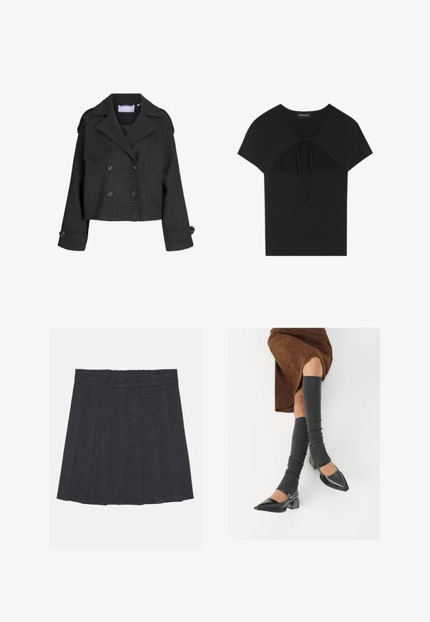 Cropped, double-breasted jacket in dark checkered fabric. Features prominent lapels, front flap pockets, and large black buttons on sleeves.; Black short-sleeve top with a round neckline, featuring a cut-out detail and tie closure at the front. Made of soft, lightweight fabric.; Dark gray pleated skirt with an elastic waistband, featuring a textured fabric and a classic A-line silhouette. Suitable for casual wear.; Black patent leather pointed-toe shoes with a block heel and ankle strap, paired with gray ribbed leg warmers and a brown suede skirt.