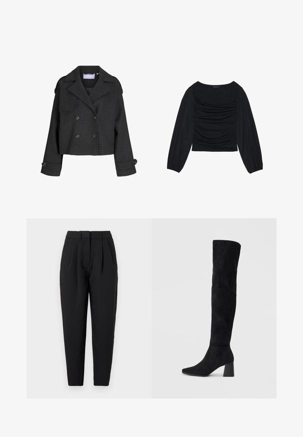 Cropped, double-breasted jacket in dark checkered fabric. Features prominent lapels, front flap pockets, and large black buttons on sleeves.; Black long-sleeve top featuring gathered fabric detail at the front and wrists, made of soft, stretchy material with a boat neckline.; Black trousers with a straight fit, featuring pleats at the front, a smooth texture, and side pockets. The waistband is standard height.; Black suede knee-high boot with block heel, pointed toe, and smooth, seamless design on a plain light background.