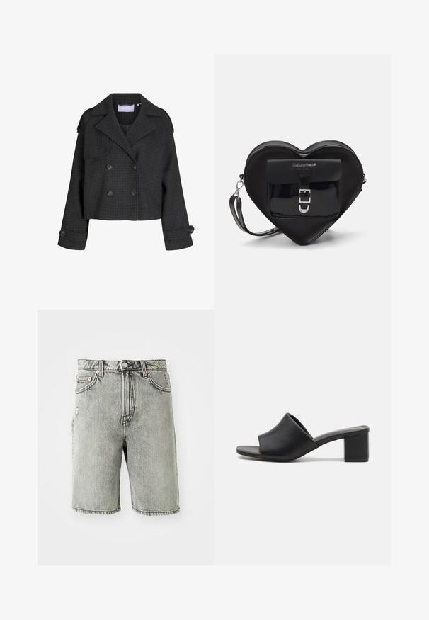 Casaco cropped de dois botões em tecido xadrez escuro. Apresenta lapelas proeminentes, bolsos frontais com aba e grandes botões pretos nas mangas.; Top de alças sem mangas, de cor verde-oliva, feito de tecido canelado. Apresenta um decote redondo e uma bainha reta. Etiqueta da marca visível no interior.; Shorts de denim cinza com um design clássico de cinco bolsos, um acabamento desbotado e detalhes cosidos na barra e na cintura.; Mules pretos de couro com salto bloco, com ponta aberta, apresentando uma superfície suave e uma parte superior ligeiramente curvada para conforto e estilo.; Bolsa em forma de coração preta, feita de couro envernizado, com um bolso frontal apresentando um fecho de fivela e uma alça removível. Acessórios em aço inoxidável.