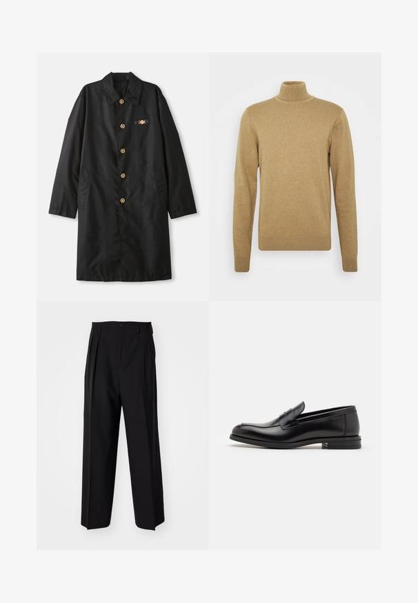 Fekete kabát sima anyagból, gallérral, aranygombokkal és két oldal zsebbel, díszes kiegészítéssel a mellkason.; Barna alapon készült, puha kötöttanyagú garbó pulóver. Hosszú ujjakkal és testhezálló fazonnal rendelkezik. Szegett szegély és gallér díszítéssel.; Fekete, pliszírozott nadrág, egyenes, széles lábakkal. Sima anyagból készült, gombos záródással és övhurkokkal rendelkezik.; Fekete bőr loaferek sima textúrával, kerek orral és dekoratív pánttal a vampnál. Alacsony, rétegelt sarkú, minimalista dizájn.