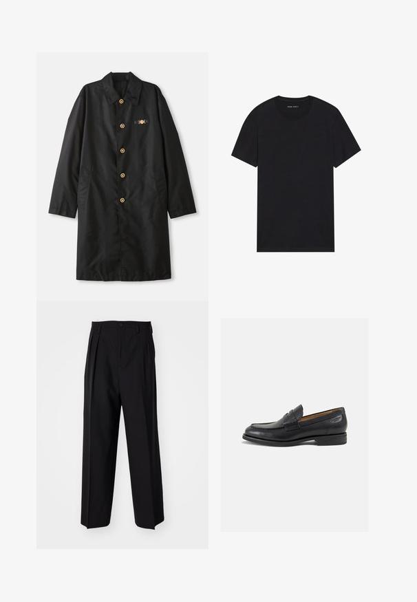 Melnas mēteļa no gludas auduma, ar apkakli, zelta pogām un divām sānu kabatām ar dekoratīvu akcentu uz krūtīm.; Melna kokvilnas T-kreklā ar īsām piedurknēm un apaļu kakla izgriezumu. Audumam ir gluda tekstūra un vienkāršs, vienkrāsains dizains.; Melnas plisētās bikses ar taisnu, plata kāja dizainu. Izgatavotas no gludas auduma, ar pogu aizdari un jostas cilpiņām.; Melnas ādas loafers ar gludu apdari, noapaļotu purngalu un dekoratīvām šuvēm uz virsu. Zems, sakrauta papēža un neliels spīdums.