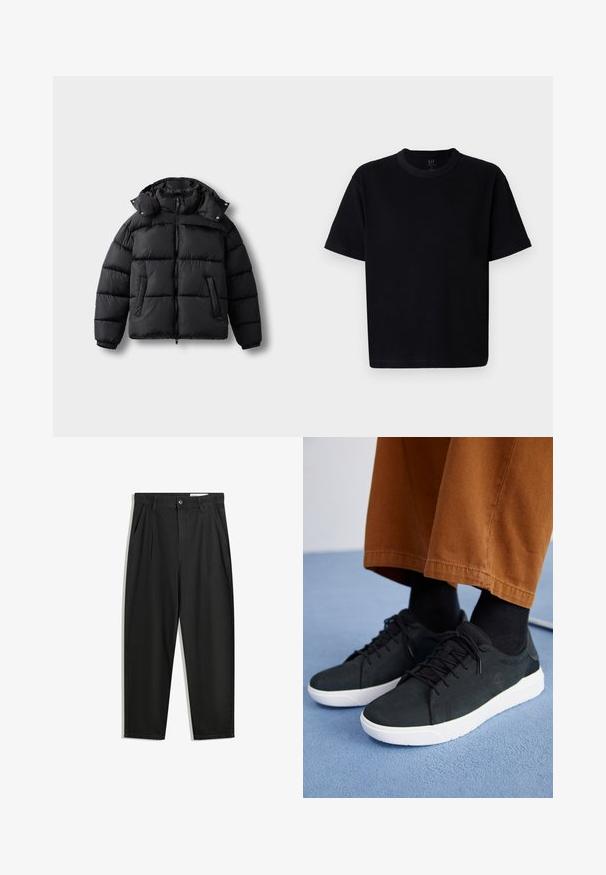 Czarna kurtka puchowa z zamkiem z przodu, wysokim kołnierzem i zatrzaskami. Posiada poziome przeszycia i dwie kieszenie z przodu. Miękki, ocieplany materiał.; Czarna bawełniana koszulka z okrągłym dekoltem, krótkimi rękawami i prostym krojem. Charakteryzuje się minimalnym przeszyciem oraz miękką, gładką fakturą.; Czarne bawełniane spodnie o luźnym kroju, z klasycznym pasem, przednimi plisy oraz bocznymi kieszeniami. Gładka struktura, bez wzorów.; Czarne zamszowe trampki z białymi gumowymi podeszwami, z wiązaniem, teksturowanymi akcentami i subtelnym logo, w połączeniu z brązowymi spodniami.