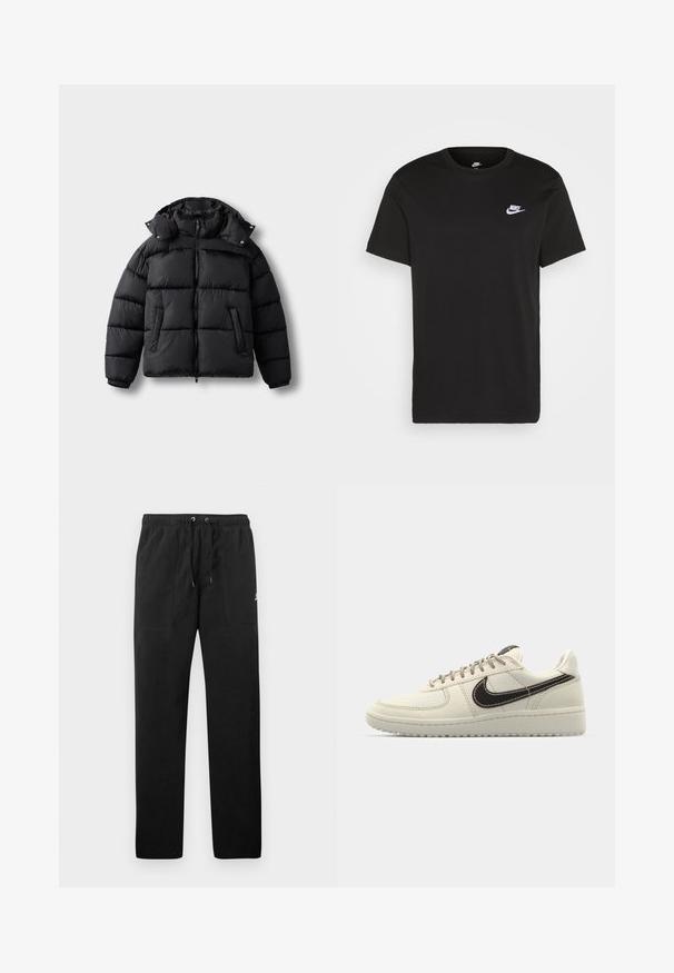 Črna pufasta jakna z zadrgo spredaj, visokim ovratnikom in gumbi na klik. Ima horizontalne prešitve in dva sprednja žepa. Mehka, toplotno izolirana tkanina.; Črna bombažna majica s kratkimi rokavi, okroglo ovratnikom in majhnim belim logotipom Nike na zgornji levi strani prsi. Gladka tekstura. Klasičen kroj.; Črne trenirke iz flisa, z elastičnim pasom in vrvico, dvema sprednjima žepoma ter majhnim logotipom na stegnu.; Beige usnjeni športniki z belo gumijasto podlogo, ki imajo temno rjavo odbojnico, šivane detajle in sivo vezalke.