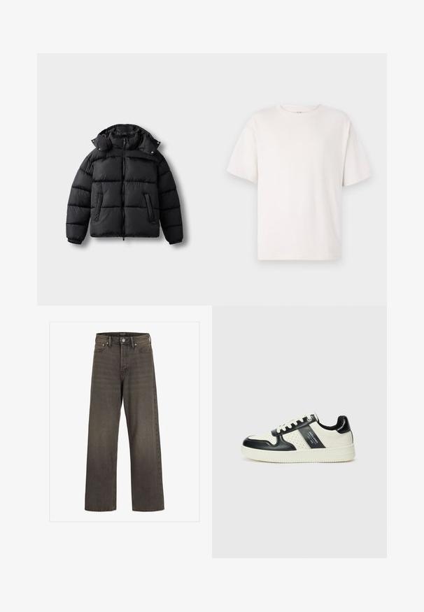 Črna pufasta jakna z zadrgo spredaj, visokim ovratnikom in gumbi na klik. Ima horizontalne prešitve in dva sprednja žepa. Mehka, toplotno izolirana tkanina.; Bela kratka majica s kratkimi rokavi iz mehkega bombaža. Ima okroglo ovratnico in sproščen kroj. Gladka tekstura brez vzorcev ali dodatkov.; Široke hlače iz temno sive denim tkanine, s wysokim pasom, klasičnim pet-pocket dizajnom in kontrastnim šivom ob šivih.; Usnjeni športni čevlji z črno in krem barvno shemo, ki vključujejo perforirane dodatke, podložen ovratnik in strukturirano podplat.