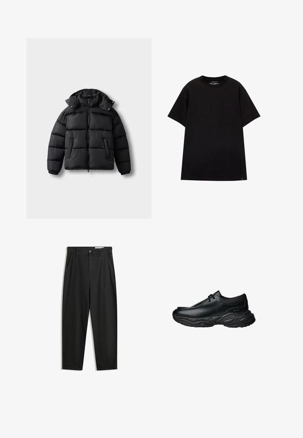 Črna pufasta jakna z zadrgo spredaj, visokim ovratnikom in gumbi na klik. Ima horizontalne prešitve in dva sprednja žepa. Mehka, toplotno izolirana tkanina.; PULL&BEAR JOIN LIFE - Navadna majica - black; Črne bombažne hlače s sproščenim krojem, ki vključujejo klasičen pas, sprednje gube in stranske žepke. Gladka tekstura brez vzorcev.; Črne usnjene čevlje za enostavno obuvanje z zaobljenim nosom in debelim strukturiranim gumijastim podplatom. Imajo diskretne šive in elastične dodatke na ovratniku.