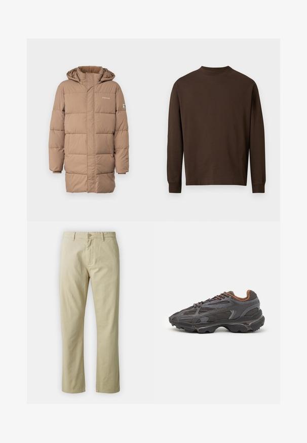 Guess Jeans PUFFER JACKET - Ziemas jaka - wet sand; Brūna garām piedurknēm krekls no mīkstas auduma, ar apaļo izgriezumu un taisnu griezumu, bez redzamām rakstām vai aksesuāriem.; Beidzīgo kokvilnas bikses ar taisnu kāju piegriezumu, priekšējo pogu aizdari un jostas cilpām. Gluda tekstūra, nav redzamu rakstu vai akcentu.; Lacoste kedas tumši pelēkā krāsā ar acu audumu un sintētisko materiālu, ar teksturētu zoli un brūniem akcentiem apkaklītē un zīmola uzrakstā.