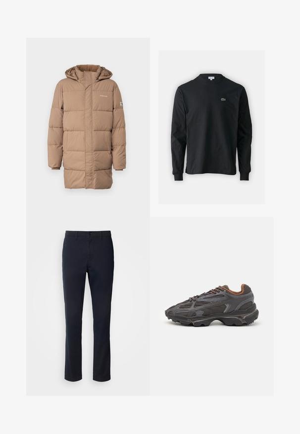 Guess Jeans PUFFER JACKET - Téli dzseki - wet sand; Fekete hosszú ujjú pamut póló, kerek nyakkivágással, bal mellen egy kis zöld hímzett krokodil logóval.; Sötétkék nadrág sima anyagból, egyenes szárú kialakítással, övhurkokkal és gombos záródással, cipzáras kivitelben.; Sötét szürke Lacoste sportcipők hálós és szintetikus anyagból, textúrázott talppal és barna díszítésekkel a nyak részen és a logón.