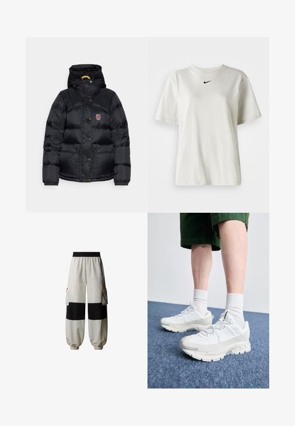Fjällräven EXPEDITION DOWN LITE JACKET W - Dunjacka - black; Vit bomull t-shirt med rund halsringning och korta ärmar. Har en liten svart Nike-logotyp på bröstet. Enkel och odekorerad design.; The North Face HIMALAYAN - Cargobyxor - white dune tnf black; Vita atletiska skor med texturerade överlägg, en tjock sula och grå accenter. Bärs med vita strumpor och gröna shorts på en blå yta.