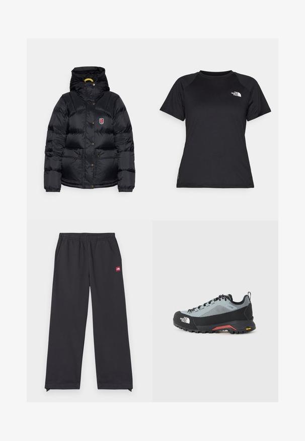 Fjällräven EXPEDITION DOWN LITE JACKET W - Dunjakker - black; Sort kortærmet træningstrøje med rund hals og The North Face-logo på venstre side af brystet.; Sorte træningsbukser lavet af blødt stof, med en løs pasform, elastisk talje, sidelommer og et lille rødt logo på fronten.; Grå og sort vandresko med Gore-Tex overdel, forstærket tåhætte og Vibram sål, med sorte snørebånd og en løbesløjfe ved hælen.