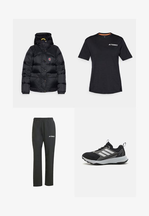 Fjällräven EXPEDITION DOWN LITE JACKET W - Doudoune - black; T-shirt noir à manches courtes avec col rond, présentant une texture chinée subtile et un logo "TERREX" blanc sur le côté supérieur gauche.; Pantalons légers noirs avec une taille élastique. Présente un logo "TERREX" subtil en blanc. Tissu lisse et design à jambes droites.; Chaussure de sport noire avec des accents gris, présentant une tige en maille texturée, trois rayures blanches et une semelle en caoutchouc pour une meilleure adhérence.