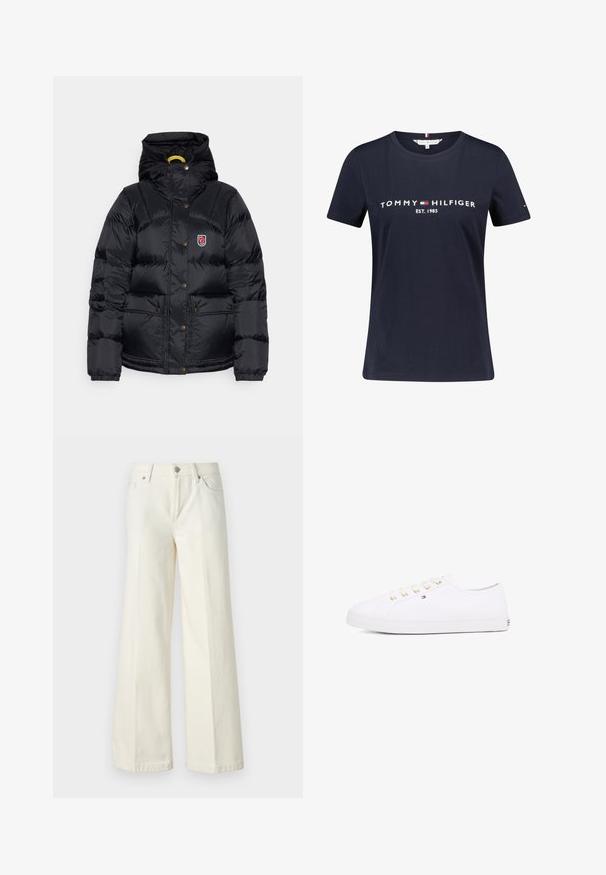 Fjällräven EXPEDITION DOWN LITE JACKET W - Dunjakker - black; Mørkeblå bomulds T-shirt med korte ærmer, der har hvid tekst "TOMMY HILFIGER EST. 1985". Inkluderer lille logo detalje på ærmet.; Videbenede hvide jeans lavet af en blanding af bomuldsstof. Har en lynlås i fronten, fem lommer og syninger langs sømmene.; Hvid kanvas sneaker med guld øjer, flade snørebånd, tekstureret gummisål og minimal branding på siden. Lavprofil design.