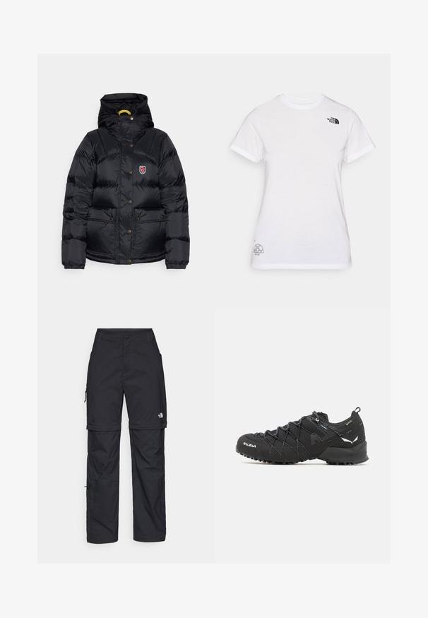 Fjällräven EXPEDITION DOWN LITE JACKET W - Dunjakker - black; Hvid bomulds t-shirt med et sort logo på venstre bryst og et gråt grafisk design nederst til højre. Klassisk rund hals og korte ærmer.; Sorte nylon cargo bukser med lynlås, justerbare manchetter, flere lommer og et logo på højre ben. Glat, let tekstur.; Sorte vandresko med en tekstureret stofoverdel, snøresystem og robust gummisål. Accenteret med reflekterende detaljer og logoer.