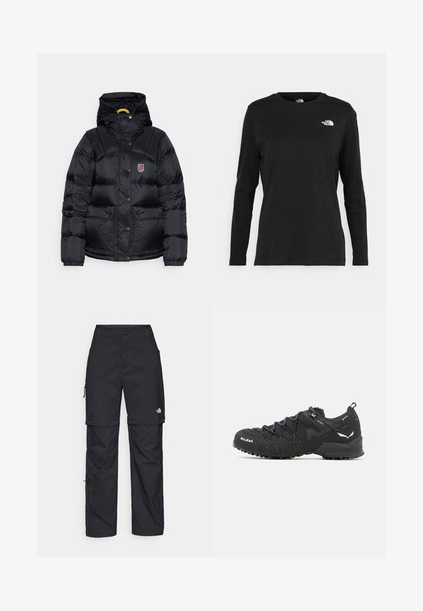 Fjällräven EXPEDITION DOWN LITE JACKET W - Dunjakker - black; Sort langærmet t-shirt lavet af bomuld med rund hals. Har et lille hvidt logo på venstre brystområde. Enkel design og pasform.; Sorte nylon cargo bukser med lynlås, justerbare manchetter, flere lommer og et logo på højre ben. Glat, let tekstur.; Sorte vandresko med en tekstureret stofoverdel, snøresystem og robust gummisål. Accenteret med reflekterende detaljer og logoer.