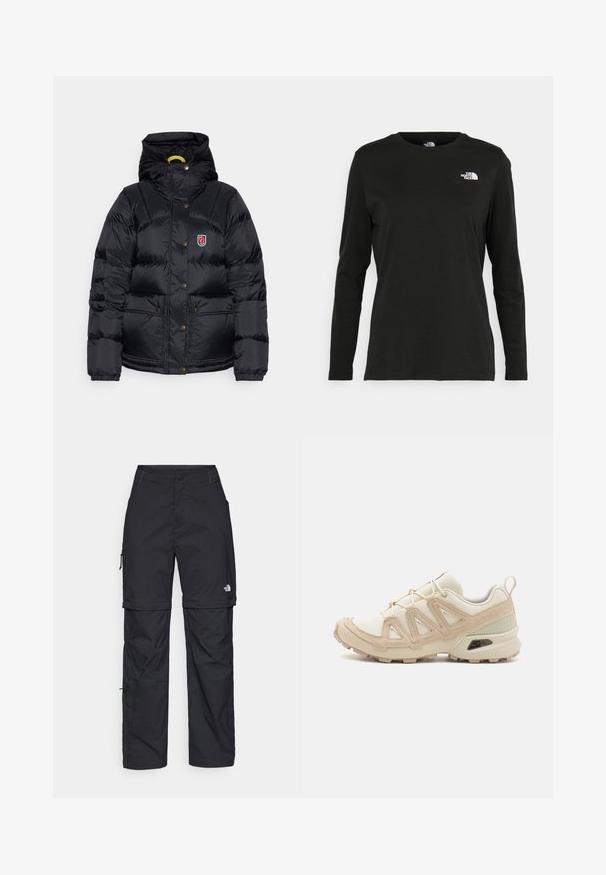 Fjällräven EXPEDITION DOWN LITE JACKET W - Pūkinė striukė - black; Juodas ilgomis rankovėmis medvilninis marškinėliai su apvali apykakle. Savybė - mažas baltas logotipas kairėje krūtinės pusėje. Paprastas dizainas ir pritaikymas.; Juodos nailoninės krovinių kelnės su reguliuojamais rankovėmis, daugybe kišenių ir logo ant dešinės kojos. Lygi, lengva tekstūra.; Bežinės ir kreminės spalvos sportinės bateliai su tekstūruoto tinklelio viršutine dalimi, palaikančiomis detalėmis ir guminiais padais, turinčiais raštą, užtikrinantį sukibimą.
