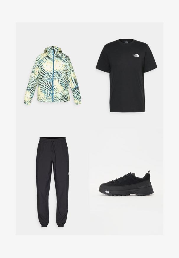 Ελαφρύ μπουφάν με κουκούλα, με κυματιστό μαύρο και κίτρινο σχέδιο, πλήρη μπροστινό φερμουάρ και ελαστικές μανσέτες για καλή εφαρμογή.; Μαύρο βαμβακερό t-shirt με κοντά μανίκια, στρογγυλή λαιμόκοψη και μικρό λευκό λογότυπο στην αριστερή πλευρά του στήθους. Απλός σχεδιασμός, λείο υλικό και άνετη εφαρμογή.; Μαύρη αθλητική παντελόνι κατασκευασμένο από ελαφρύ ύφασμα, με ζώνη που ρυθμίζεται με κορδόνι, πλευρικές τσέπες και στενές μανσέτες στους αστραγάλους.; Μαύρο εξωτερικό αθλητικό παπούτσι με σουέτ άνω μέρος, υφασμένο καουτσούκ σόλα και ανθεκτικό σύστημα δέσης. Διαθέτει ενισχυμένη φτέρνα και λογότυπο της μάρκας στο πλάι.