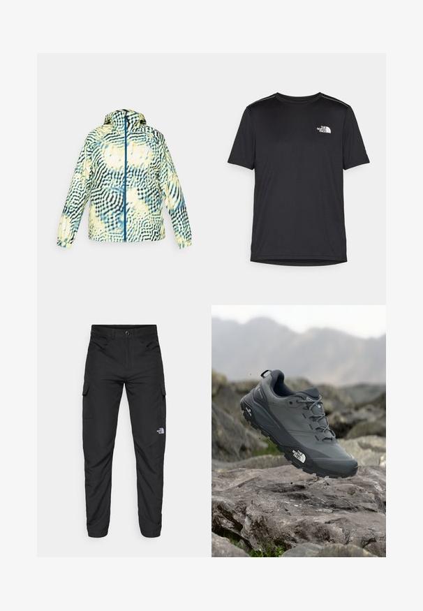 Giacca leggera con cappuccio, caratterizzata da un motivo ondulato nero e giallo, con zip frontale completa e polsini elasticizzati per una vestibilità aderente.; T-shirt nero a maniche corte realizzata in tessuto leggero. Presenta un piccolo logo bianco sul lato sinistro del petto e delicati dettagli sulle spalle.; The North Face HORIZON PANT - Pantaloni outdoor - black; Scarpa da trail running grigia con tomaia testurizzata, suola in gomma resistente e punta rinforzata. Presenta lacci e logo del marchio sul lato.