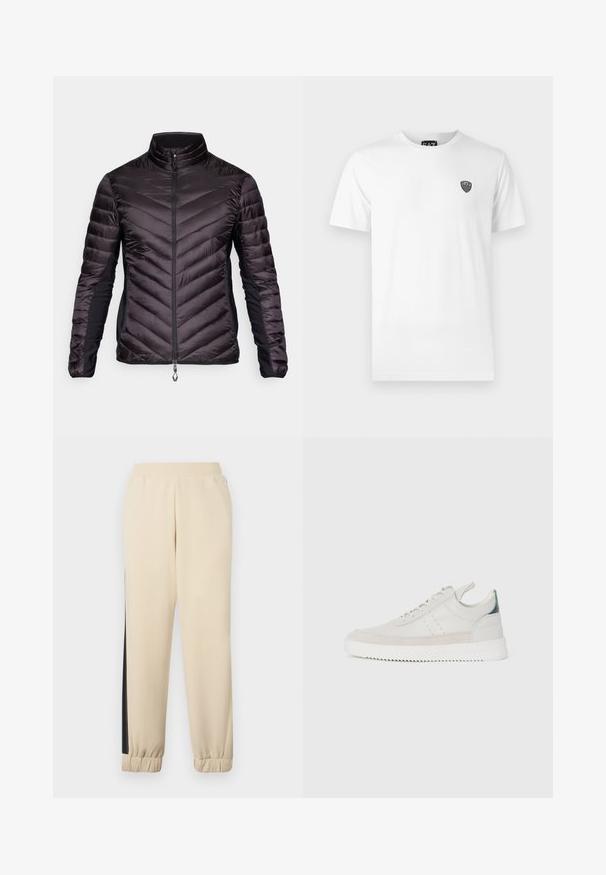 Black insulated jacket with a high collar, featuring a chevron quilted design on the front, zip closure, and elastic side panels.; White cotton t-shirt with short sleeves, featuring a small black logo on the left chest area. Classic crew neck design.; Cream-colored sweatpants with black side stripes, elastic waistband, and ribbed cuffs. Soft fabric with a relaxed fit.; White leather sneakers with gray suede accents, lace-up design, pull tab, and textured rubber sole featuring a zigzag pattern.