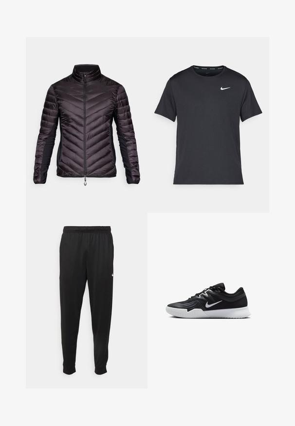 Svart isolert jakke med høy krage, med chevron-quiltet design på fronten, glidelåslukking og elastiske sidepaneler.; Svart Nike løpe-T-skjorte laget av lett, pustende stoff, med korte ermer og en liten hvit logo på brystet.; Svarte treningsbukser laget av glatt stoff, med elastisk midje, smale ben og en liten hvit logo på venstre side.; Svart treningssko med teksturert overdel, hvit Nike-swoosh og hvit gummisåle. Har snøring og en dynamisk form.
